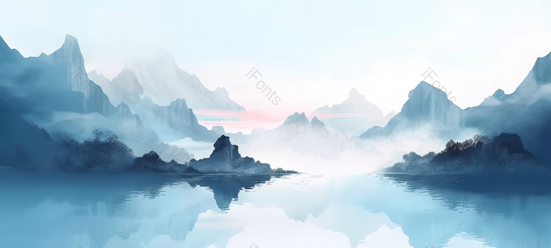 蓝色中国风水墨山水河流云溪朝霞背景,插画/手绘图,插画/手绘图库,插画/手绘图下载,插画/手绘